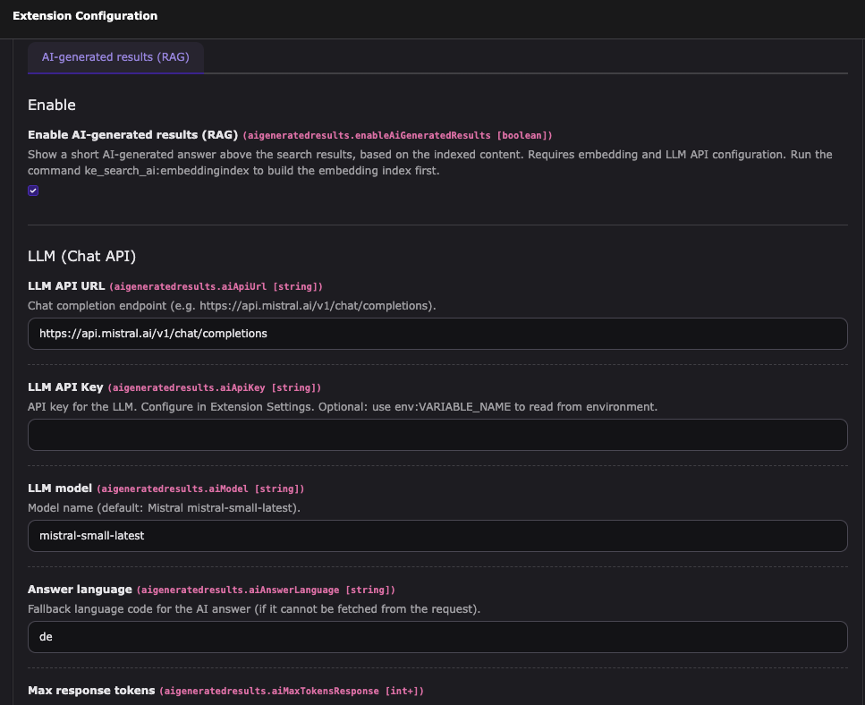 AI-generated results configuration in Extension Manager