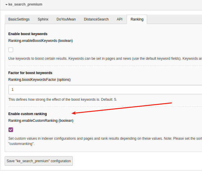 Activate custom ranking in extension settings