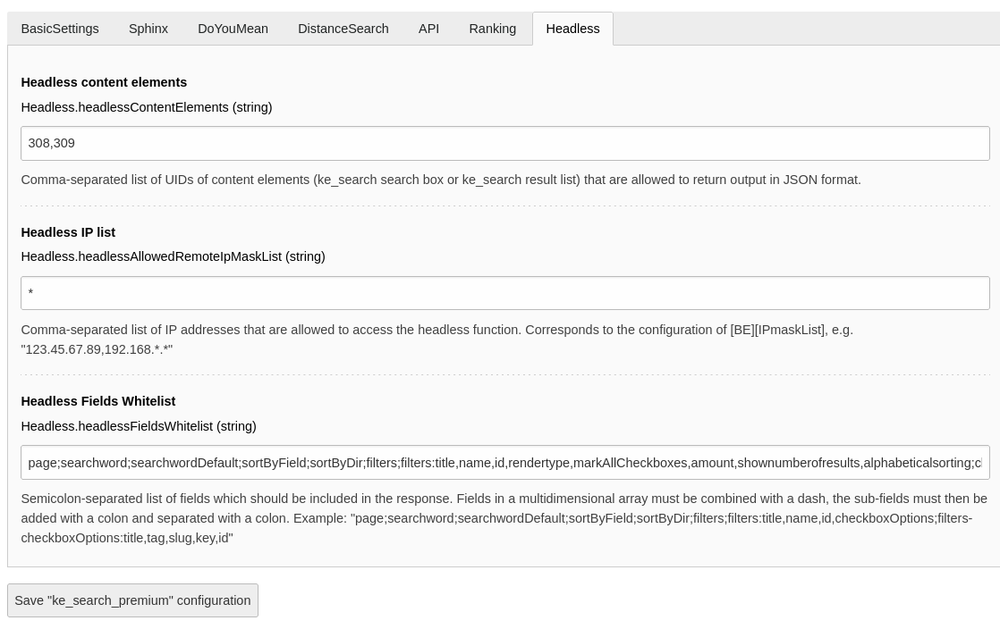 Headless configuration in extension settings