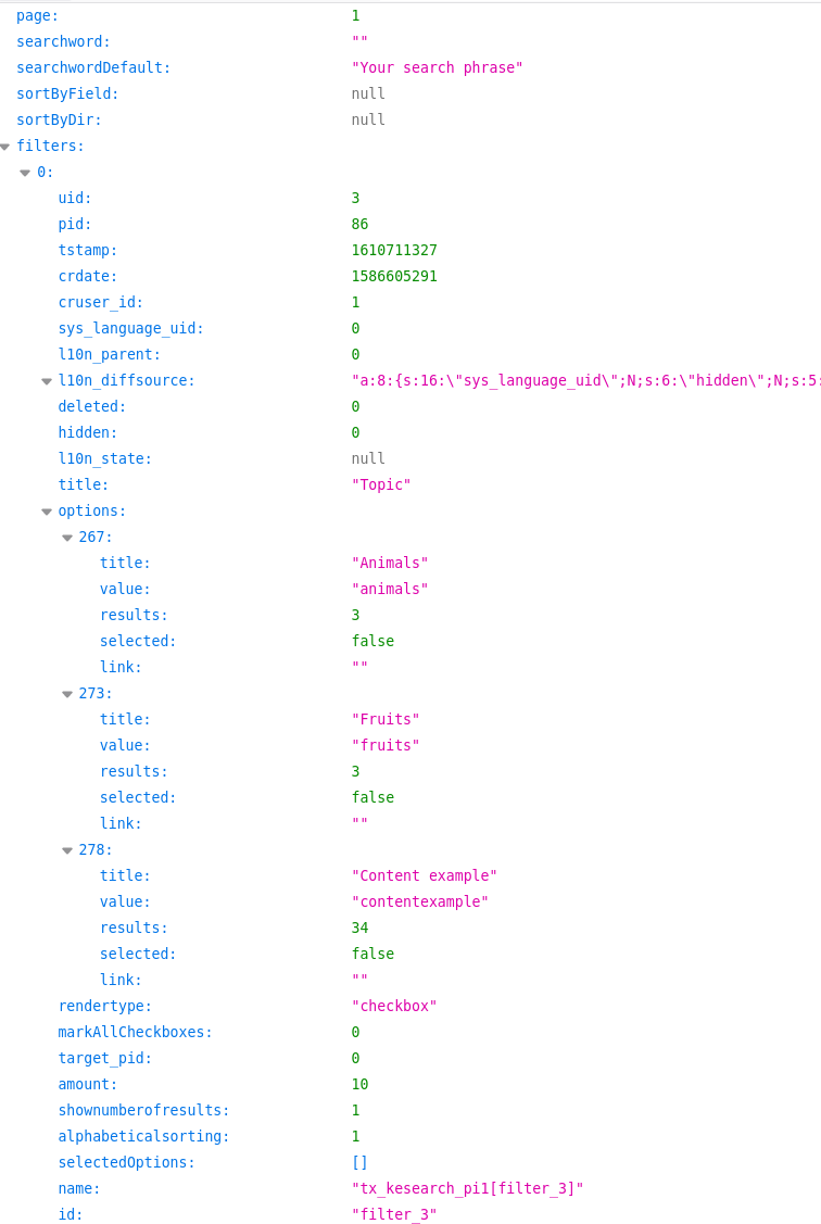 JSON response for search box and filters