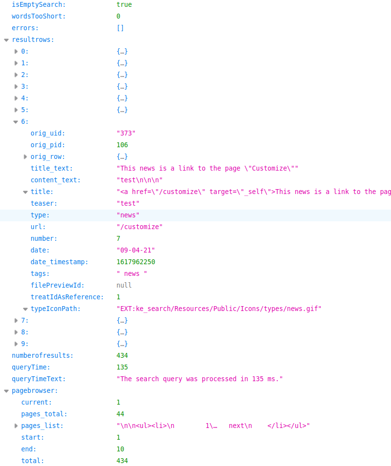 JSON response for result list