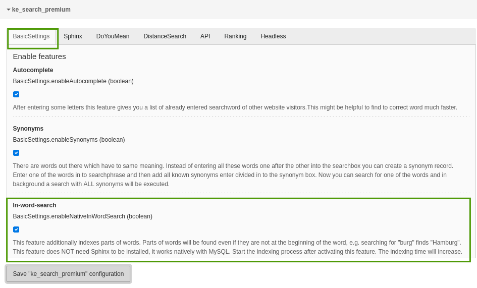 Activate in-word search in extension settings
