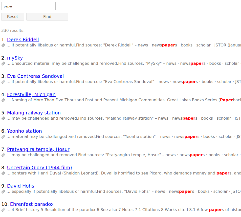 Search results with in-word search enabled