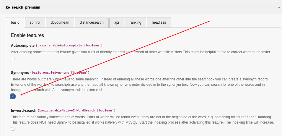 Activate the synonym feature